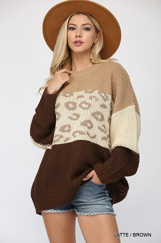 Color Block and Leopard Pattern Mixed Sweater