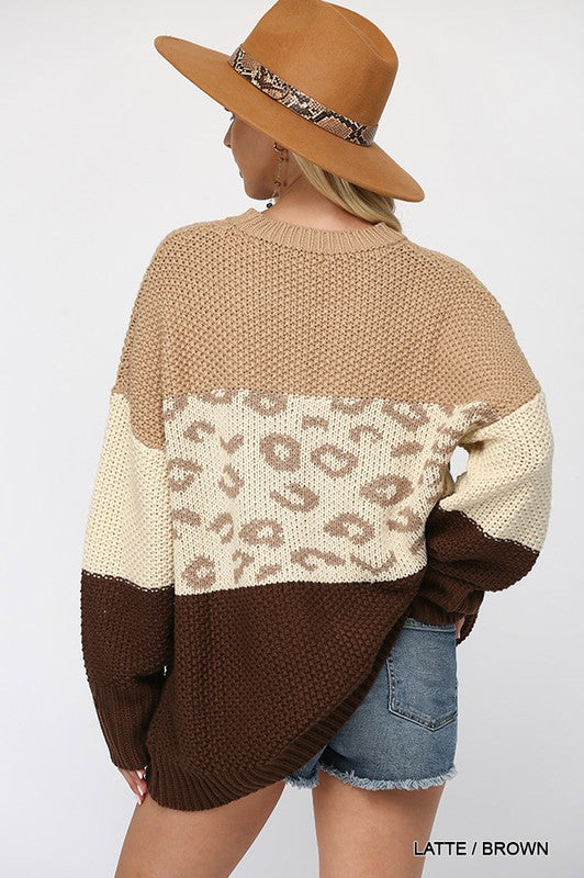 Color Block and Leopard Pattern Mixed Sweater