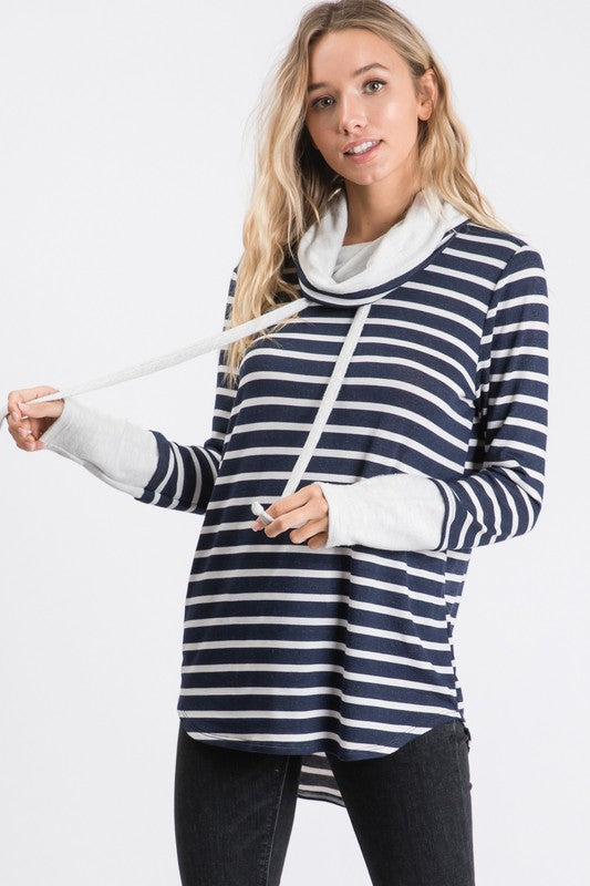 Stripe Knit Long Sleeve Cowl Neck Top