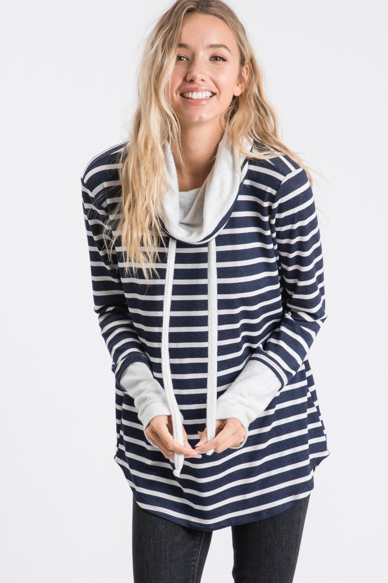 Stripe Knit Long Sleeve Cowl Neck Top