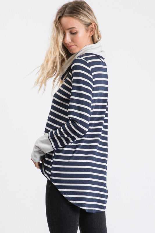 Stripe Knit Long Sleeve Cowl Neck Top